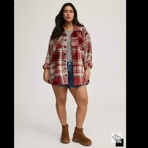 Red and Beige Plaid Button-Up Shirt Jacket